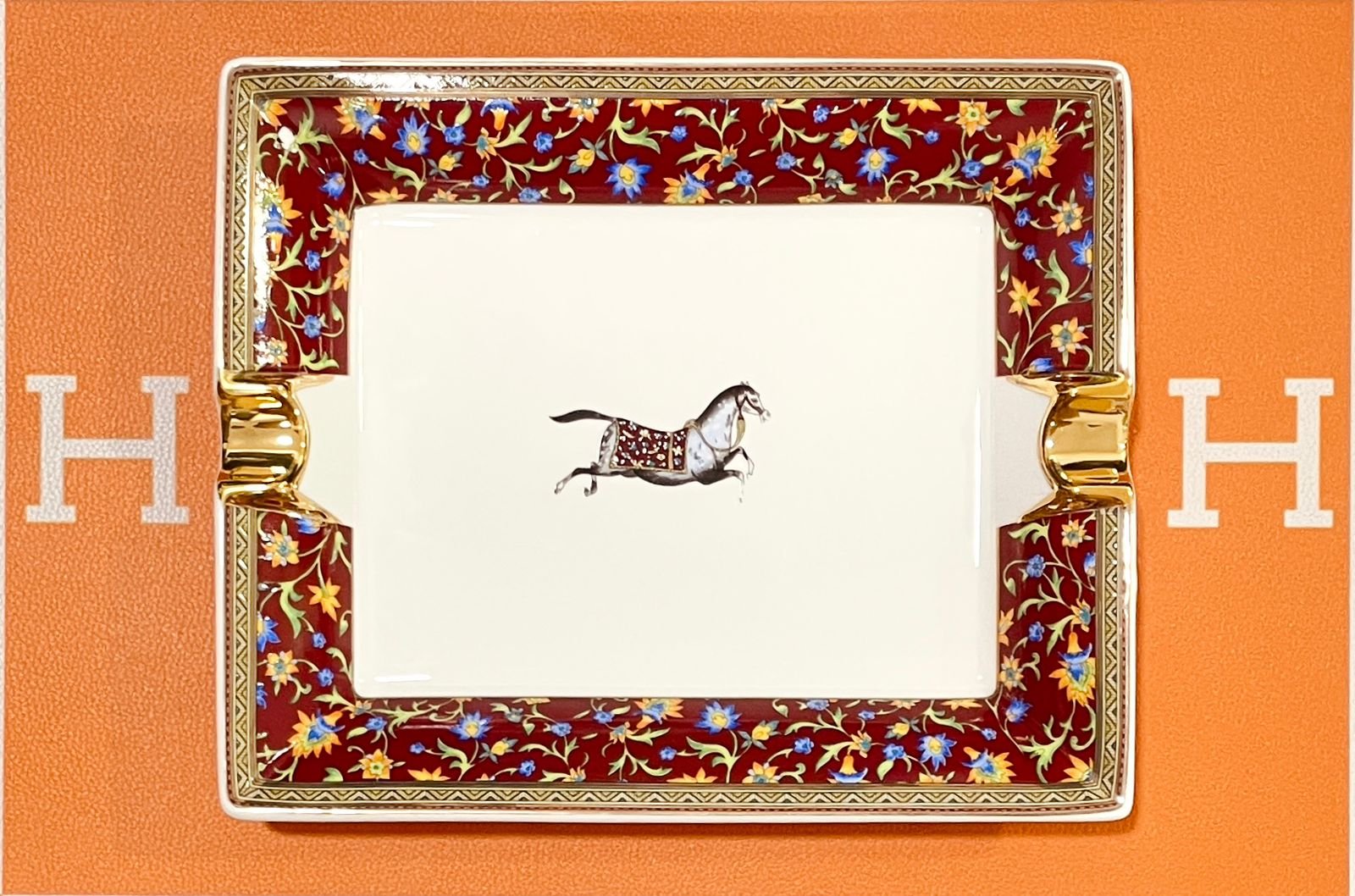 Large trinket tray white red with horse / ashtray from Hermes